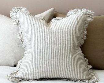 Hallie Beige Stripe Ruffle Cushion - 3 sizes