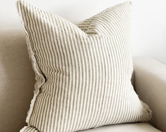 Esmee Olive/Khaki And Cream Ticking Stripe Linen Cushion With Duck Feather Inner | country style | 3 sizes