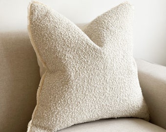 Cream Boucle Fringed Cushion With Duck Feather Pad- 4 SIZES