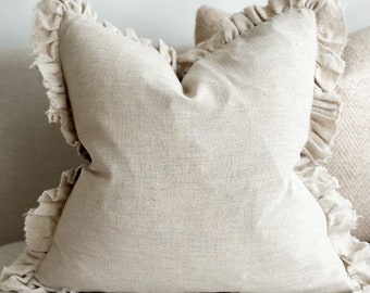 GRACE Sand Ruffle Linen Cushion With Duck Feather Pad - 4 sizes