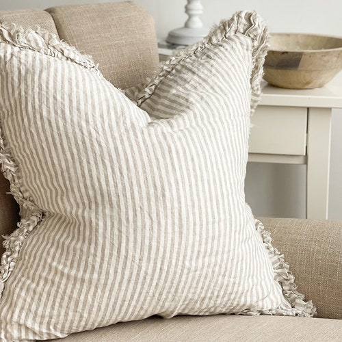 Linen Frilled Ruffled Edge Cushion Beige and Cream Striped Etsy UK