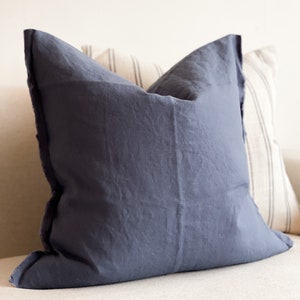 Navy Fringed Linen Cushion With Duck Feather Inner | country style | 45x45cm