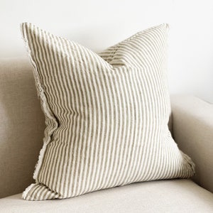 Olive/Khaki And Cream Ticking Stripe Linen Cushion With Duck Feather Inner | country style | 3 sizes