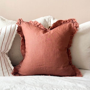 Hallie Terracotta Ruffle Linen Cushion With Duck Feather Pad 45x45cm