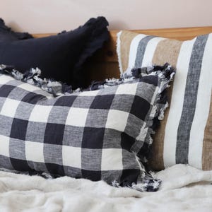 Hallie Navy Check Ruffle Cushion 50×30cm, Navy Blue Cushion Cover, 100% Stonewashed Linen