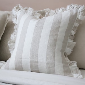 Hallie Natural Wide Stripe Ruffle Cushion - 3 Sizes
