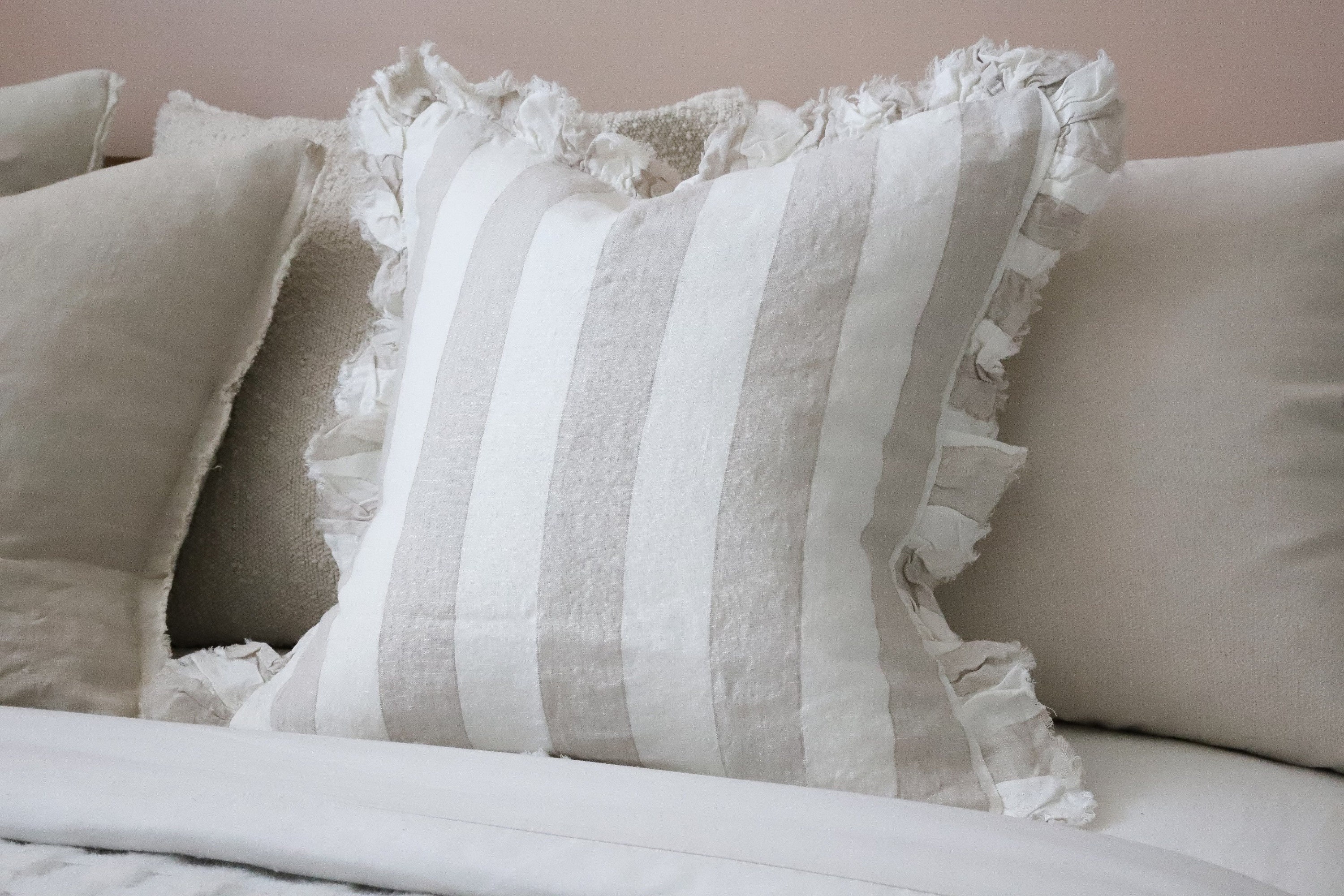 Hallie Natural Wide Stripe Ruffle Cushion - 3 Sizes