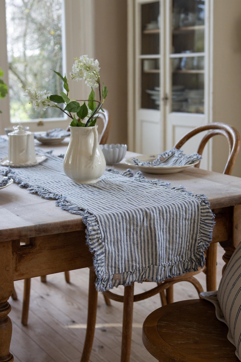 Linen Ruffle Table Runner Linen Navy Stripe Ruffle Table Runner - Etsy