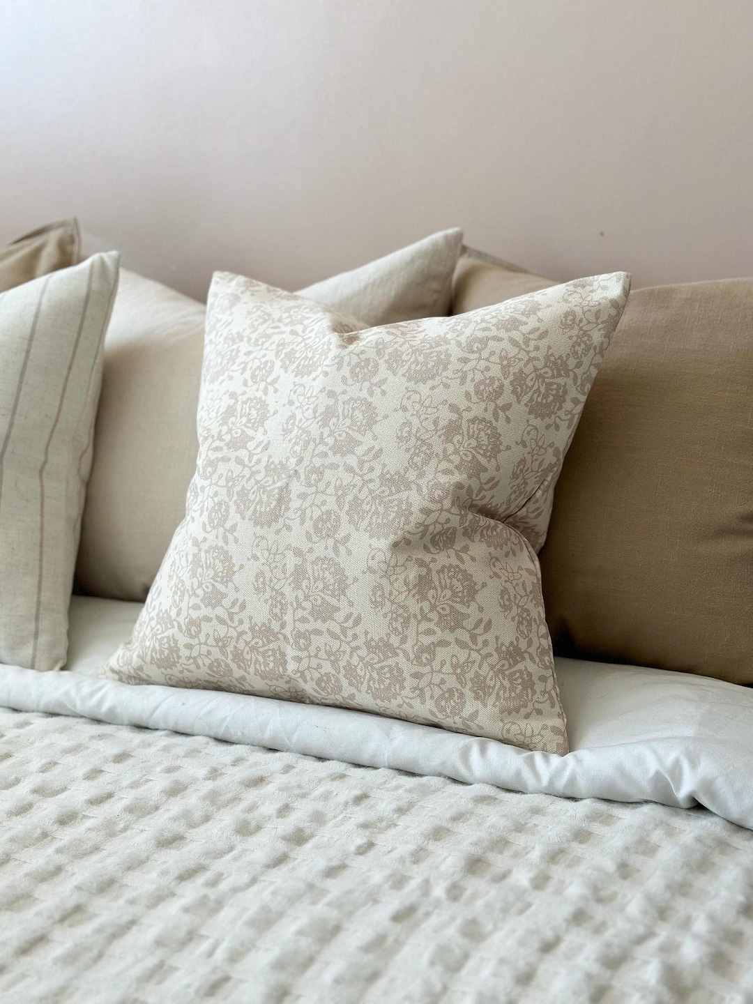 Aria Beige Floral Print Cushion With Duck Feather Pad 45x45cm - Etsy UK