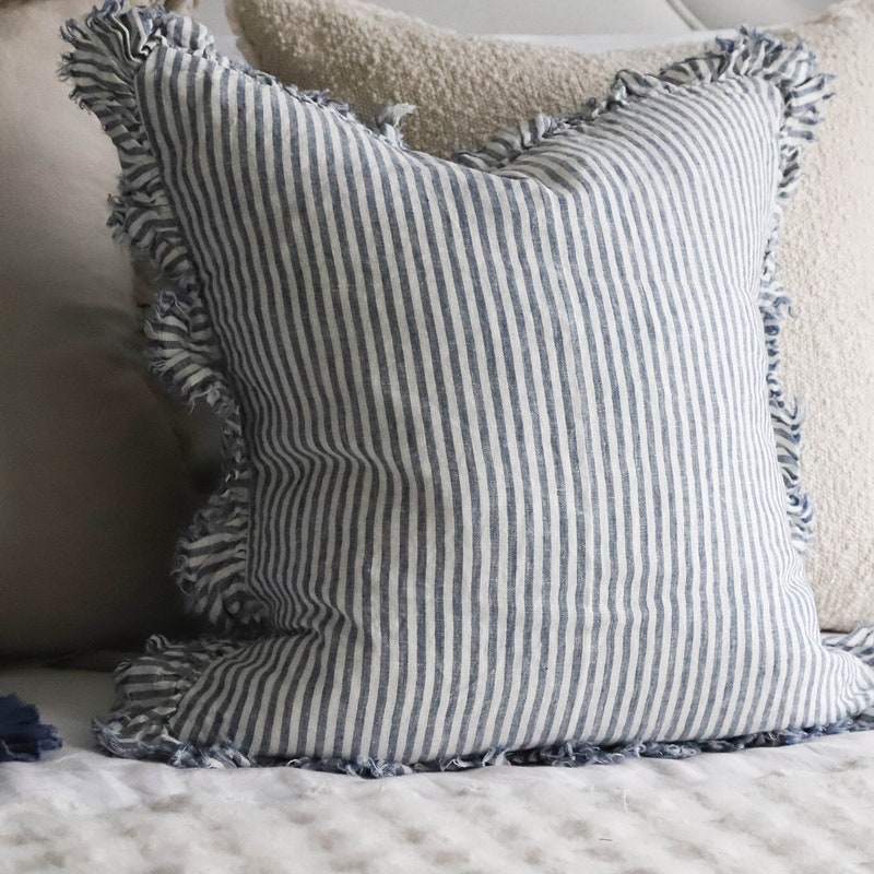 Blue Wide Stripe Hallie Ruffle Linen Cushion