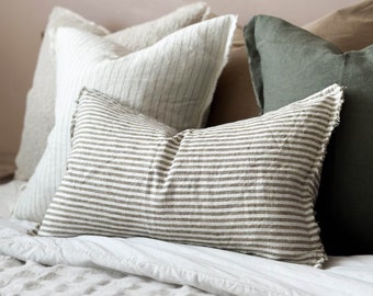 Esmee Olive/Khaki And Cream Ticking Stripe Linen Cushion With Duck Feather Pad - 50x30