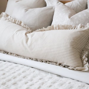 Darcy Beige Stripe Ruffle Cushion 80x30cm, Bolster Cushion, Beige Stripe Cushion, Ruffle Cushion