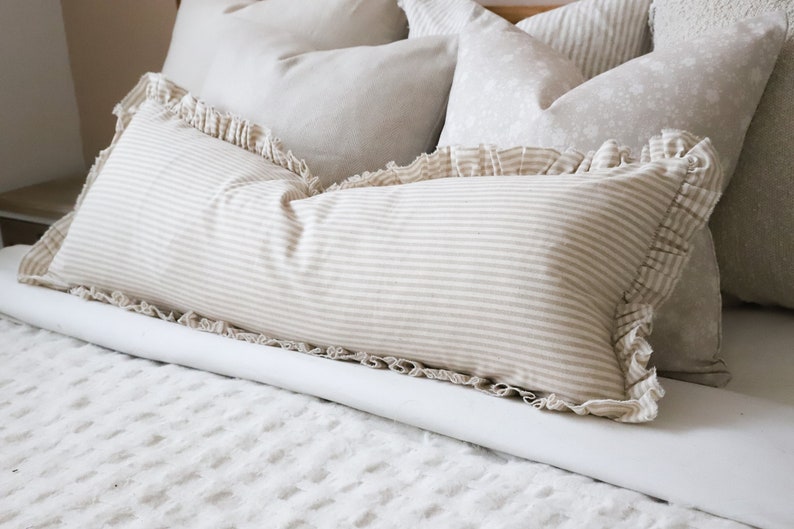Darcy Beige Stripe Ruffle Cushion 80x30cm, Bolster Cushion, Beige Stripe Cushion, Ruffle Cushion