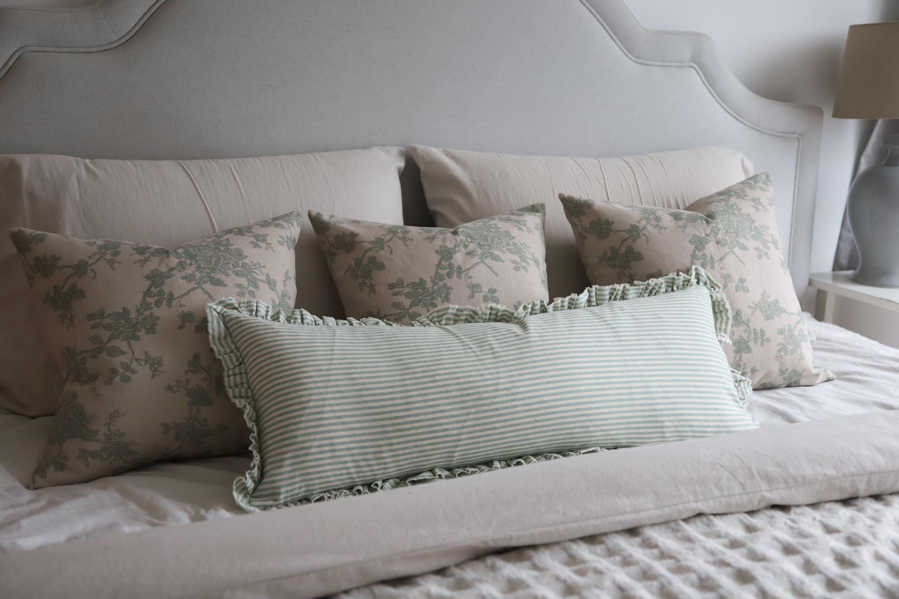 Darcy Sage Stripe Ruffle Cushion 80x30cm, Bolster Cushion, Sage Green Stripe Cushion, Ruffle Cushion