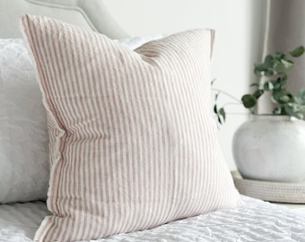 Pink & Cream Stripe Linen  Cushion With Duck Feather Inner 45x45cm