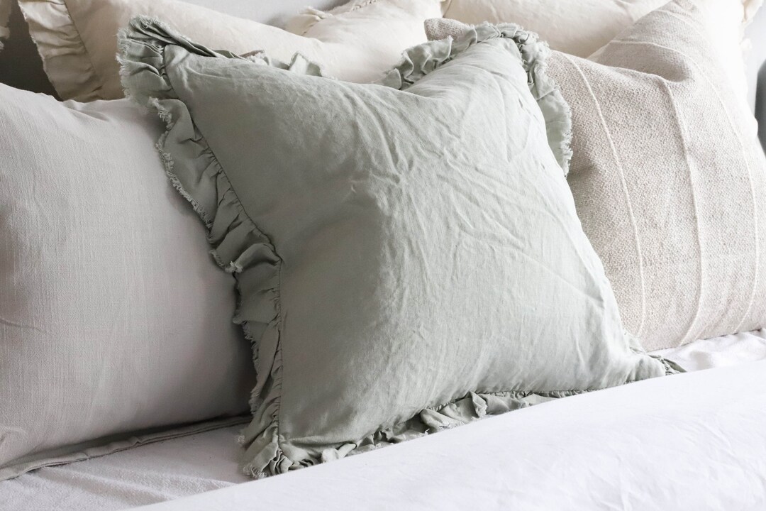 Blue Grey Frayed Ruffled Linen Down Filled Throw Pillow