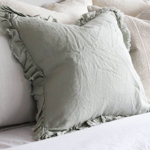 Hallie Sage Ruffled Linen Cushion With Feather Pad - 3 sizes