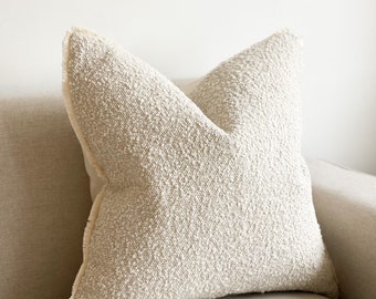 Sofia Cream Boucle Fringed Cushion With Duck Feather Pad- 4 SIZES