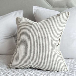 Esmee Grey Ticking Stripe Linen Cushion With Duck Feather Pad 45x45cm