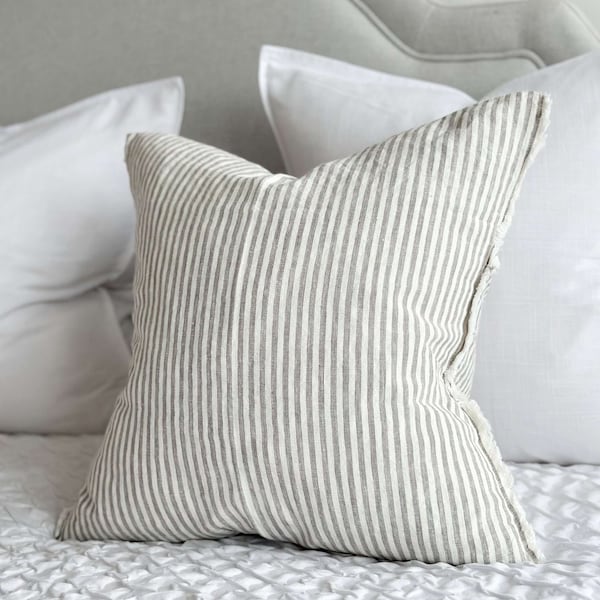 Esmee Grey Ticking Stripe Linen Cushion With Duck Feather Pad 45x45cm