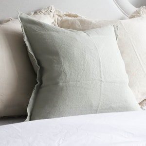 Esmee Sage Fringed Linen Cushion, duck feather pad included, 45x45cm