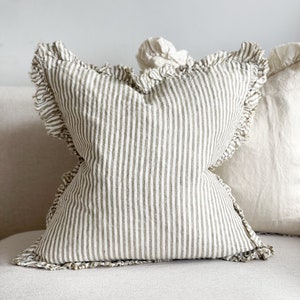 Hallie Olive Striped Ruffled Linen Cushion With Duck Feather Inner - 3 Sizes
