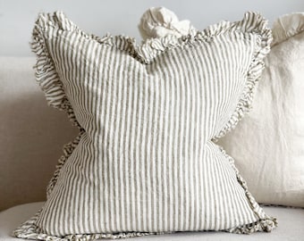 Hallie Olive Striped Ruffled Linen Cushion With Duck Feather Inner - 3 Sizes