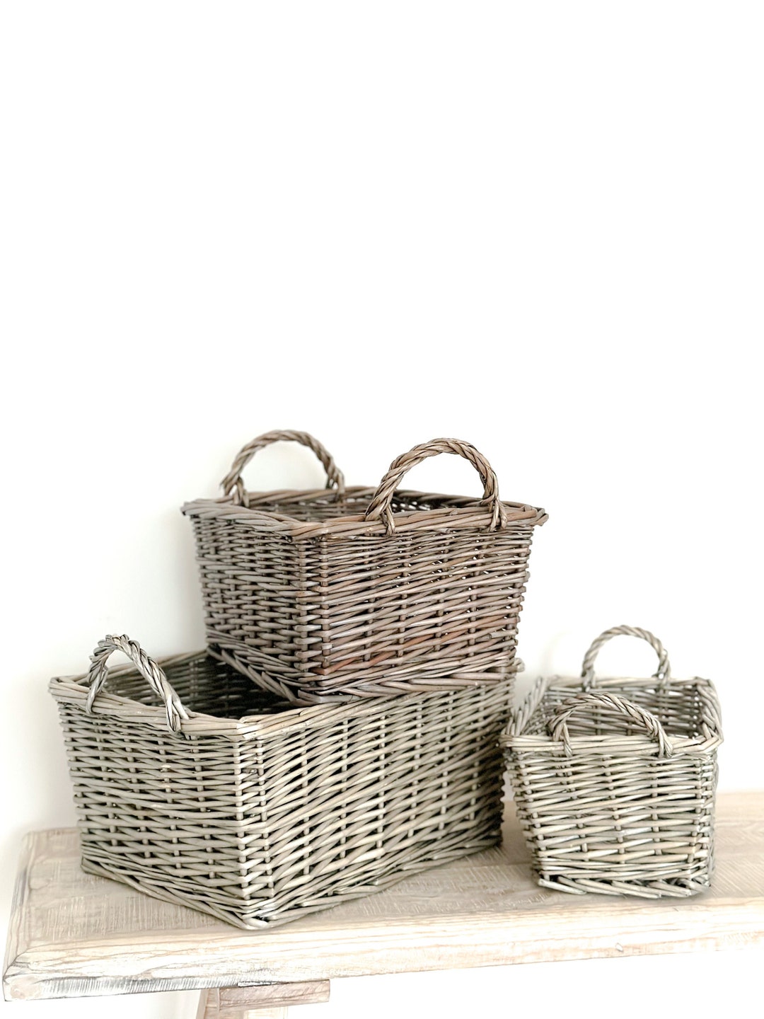 Grey Wicker Storage Baskets With Handle 3 Sizes Etsy UK