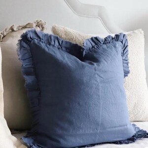 Dusty Blue Hallie Ruffle Linen Cushion