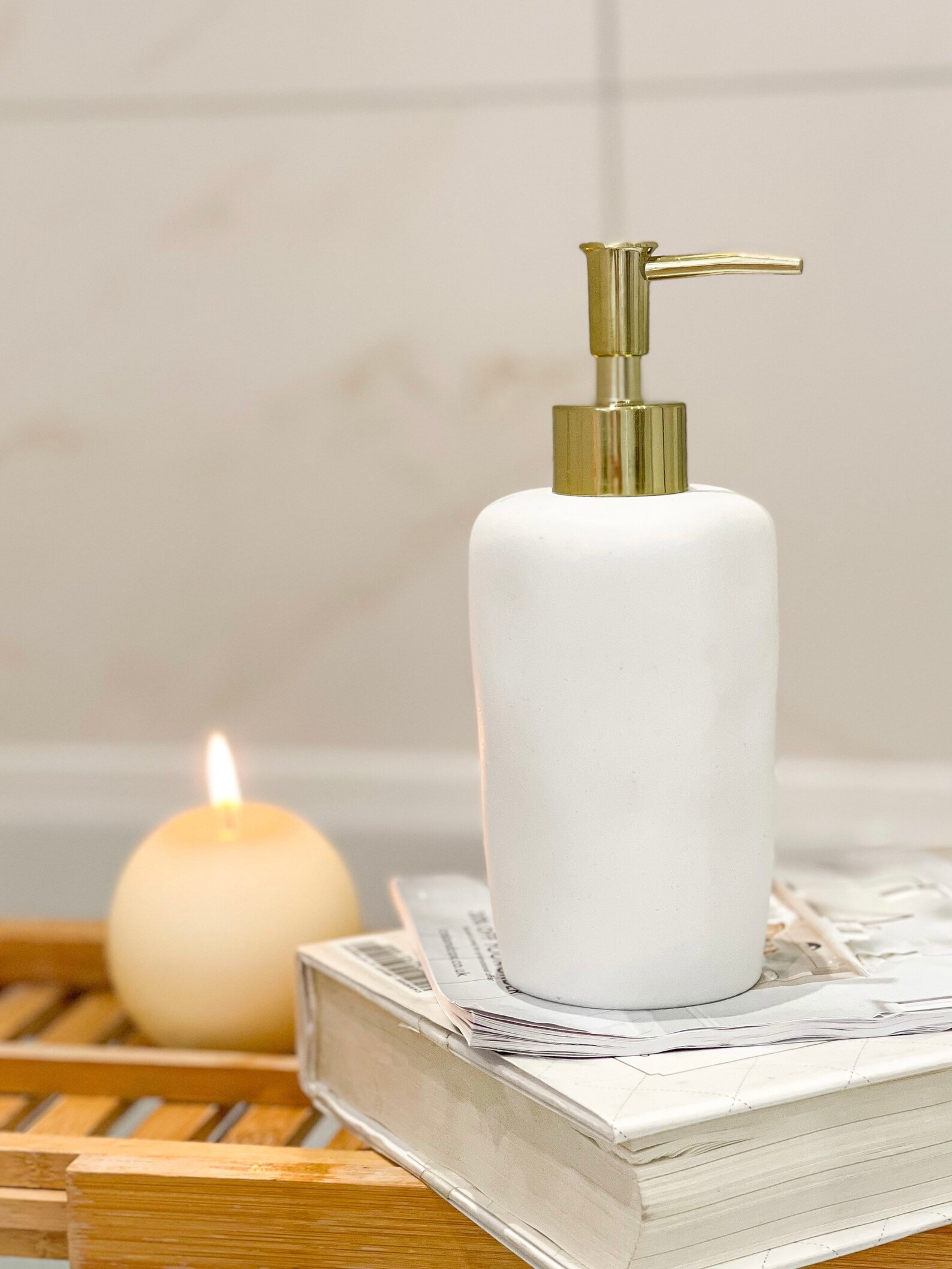 White and brass ceramic soap dispenser soap pump bathroom Etsy