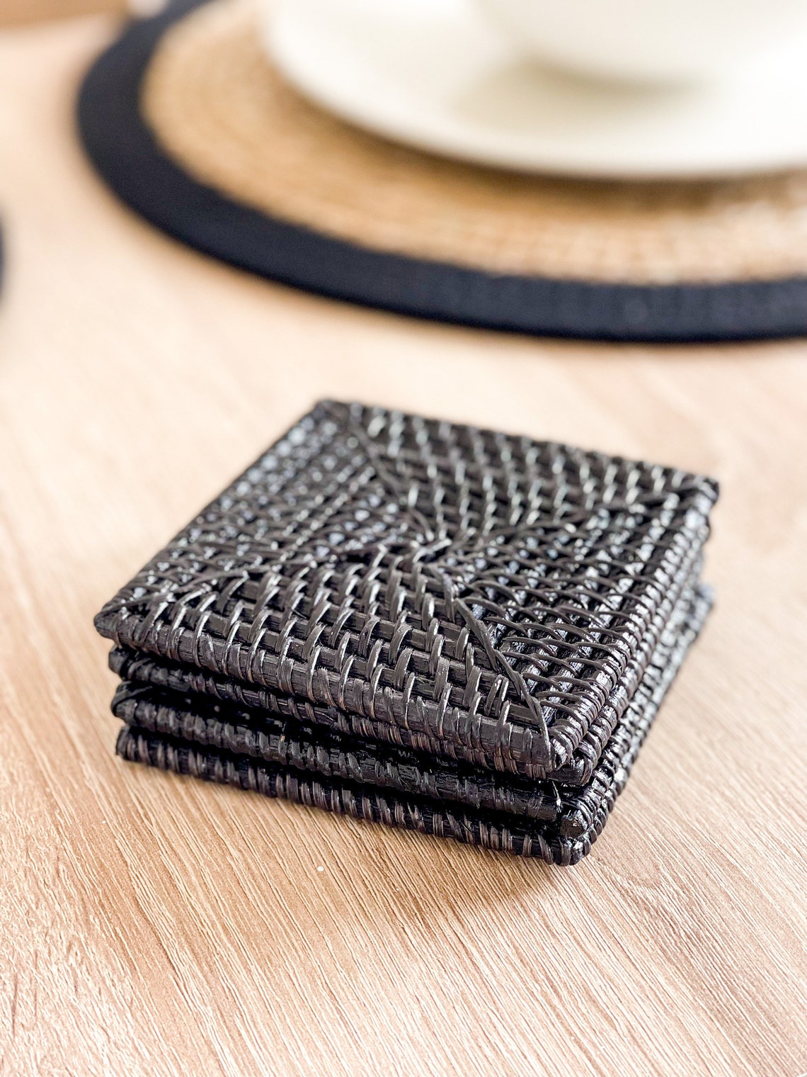 Set of 4 Black Square Rattan Coasters Etsy