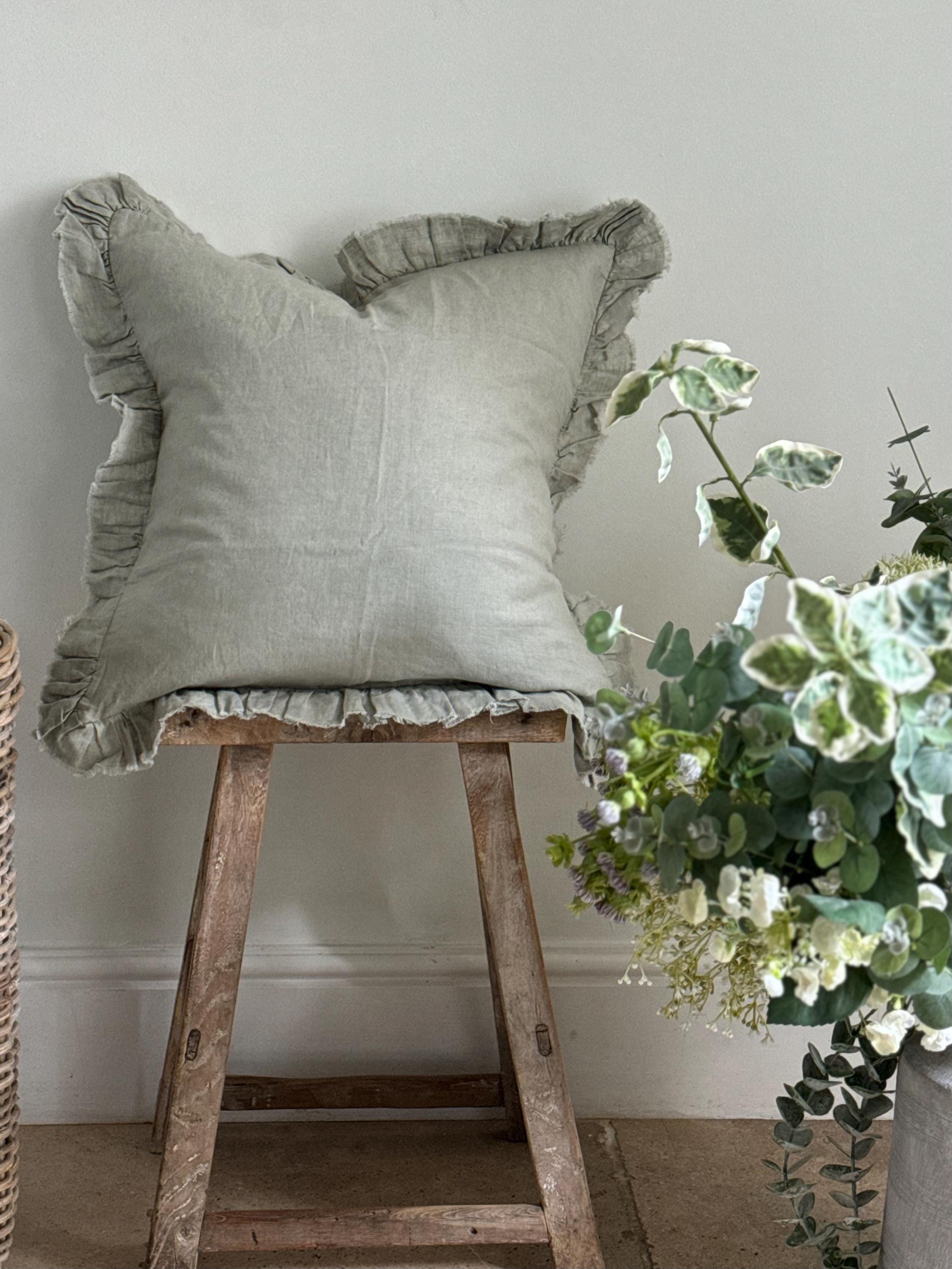 Hallie Sage Ruffled Linen Cushion With Feather Pad - 3 Sizes - Etsy