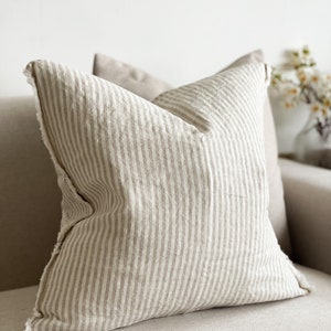 Beige And Cream Ticking Stripe Linen Cushion With Duck Feather Inner - 3 Sizes