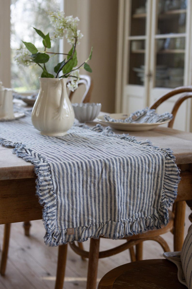 Linen Ruffle Table Runner Linen Navy Stripe Ruffle Table Runner - Etsy