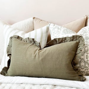 Grace Olive Ruffled Linen Cushion With Duck Feather Inner - 50 x 30cm