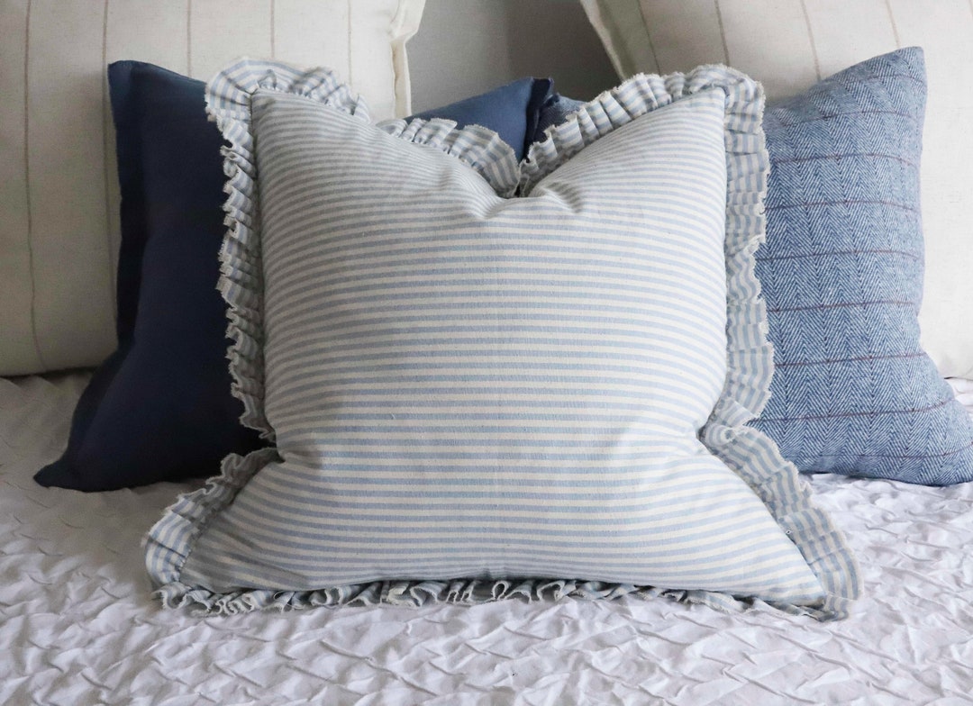 Darcy Blue Stripe Ruffle Cushion - Etsy UK