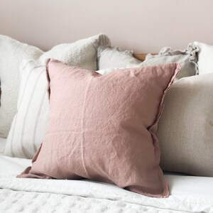 Esmee Dusty Pink/Salmon Fringed Linen Cushion With Duck Feather Inner | country style | 45x45cm