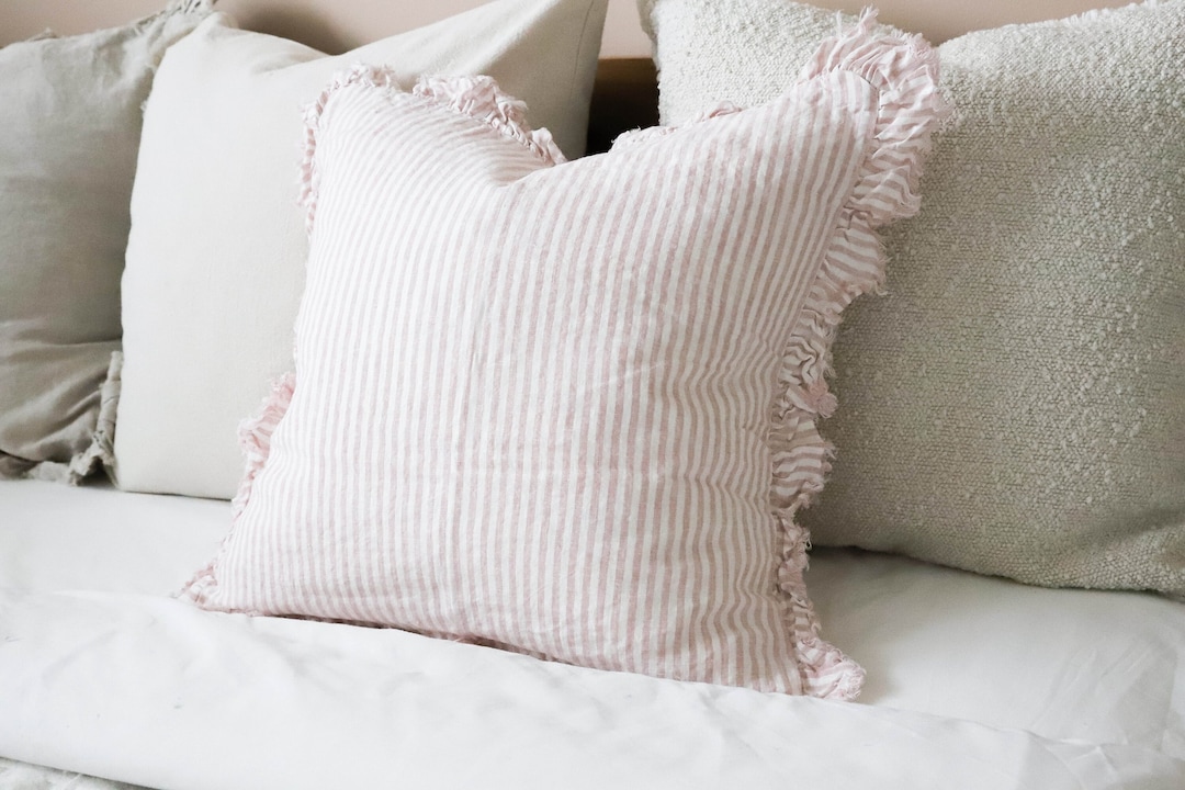 Hallie Pink & Cream Stripe Ruffle Linen Cushion With Duck Feather Inner ...