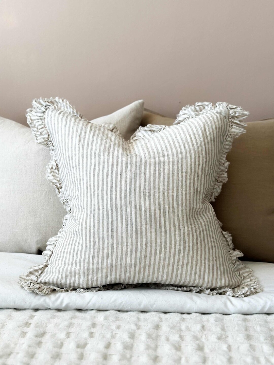 Hallie Natural Beige Stripe Ruffle Cushion - 3 Sizes - Etsy UK