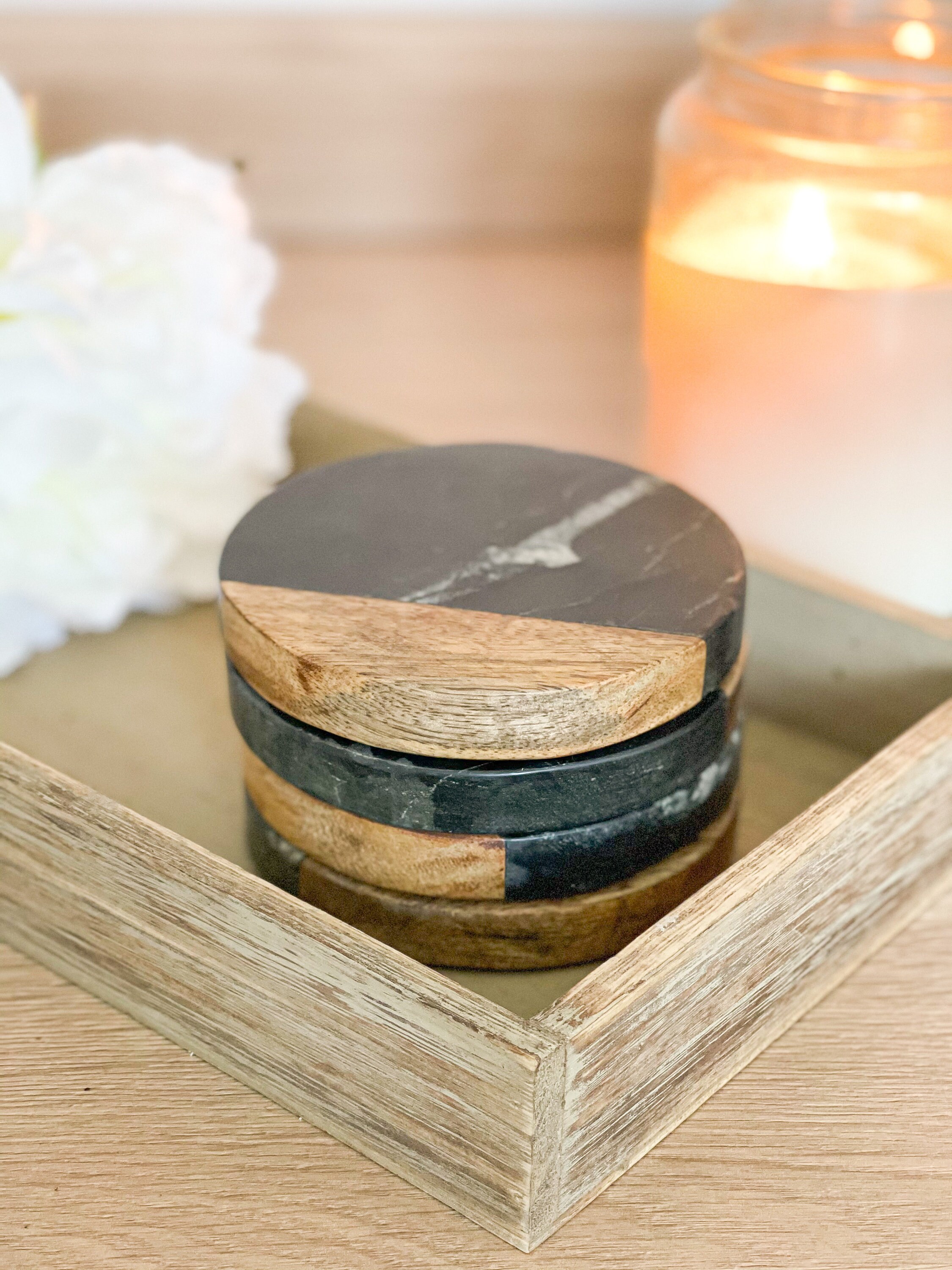 Black and wood marble coasters pack of 4 farmhouse and Etsy
