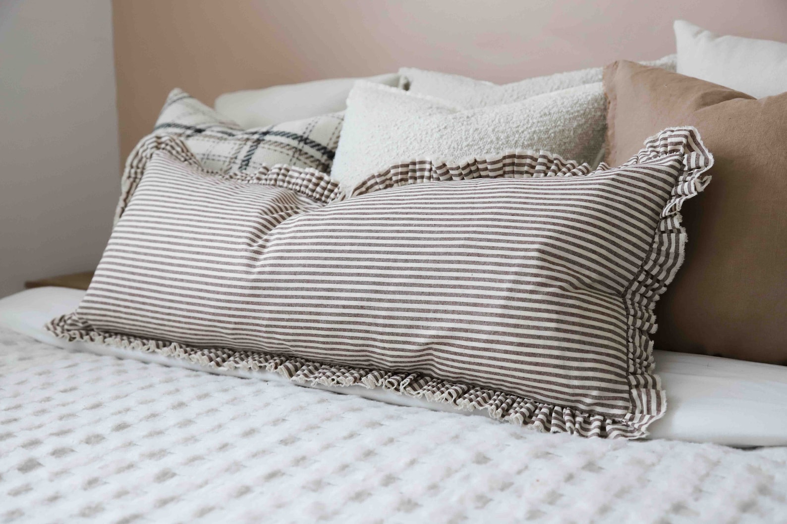 Darcy Dark Brown Stripe Ruffle Cushion 80x30 - With feather insert