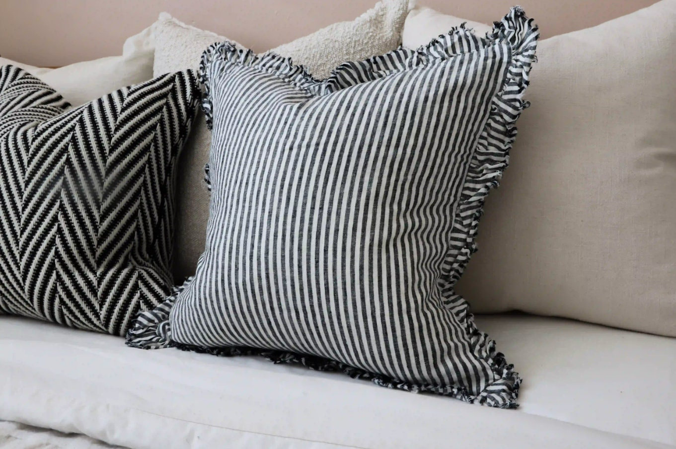 Black and White Stripe Ruffle Pillow