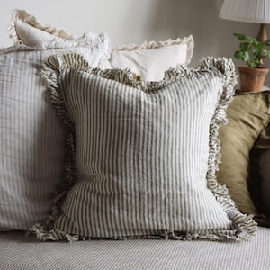 Hallie Olive Striped Ruffled Linen Cushion With Duck Feather Inner - 3 Sizes