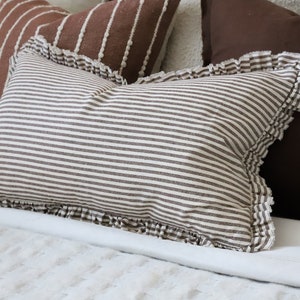Darcy Dark Brown Stripe Ruffle Cushion 50x30cm, Ruffle Cushion, Dark Brown Stripe Cushion, Rectangle Cushion