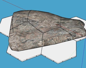 May include: A large, irregularly shaped, grey and brown rock resting on a white hexagonal platform.