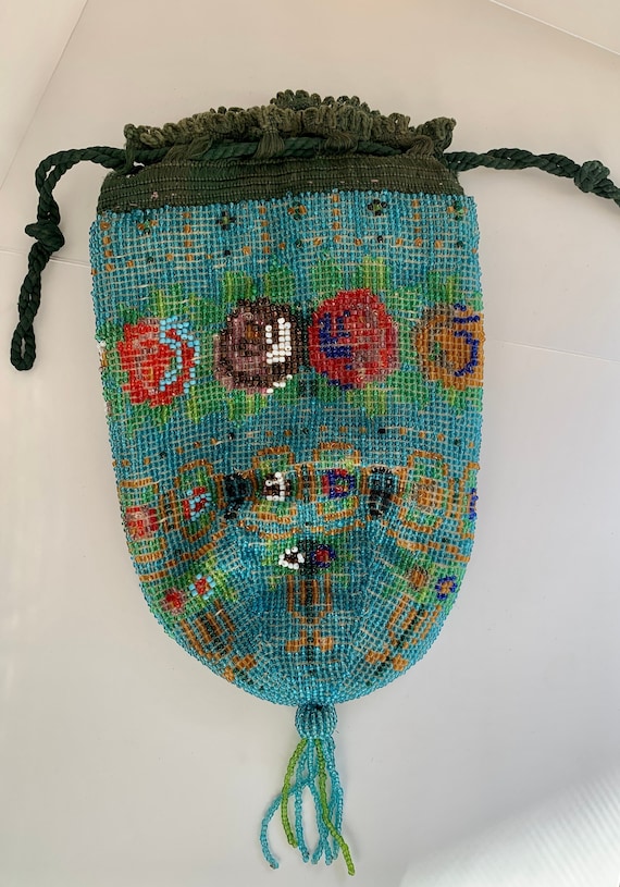 Vintage Beaded Flapper Reticule Drawstring Bag Purse