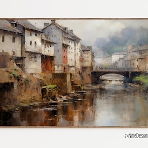 Rustic European Village Print, English Countryside Painting, Antique European Art, Vintage Country Painting, Digital Download