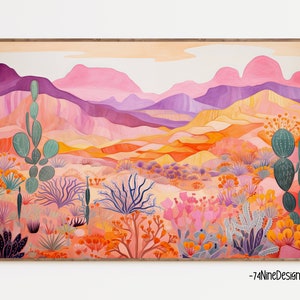 Western Desert Print, Retro Midcentury Modern Poster, Botanical Cactus Decor, Pink Office Bedroom Painting, Vintage Wild West Art, Digital