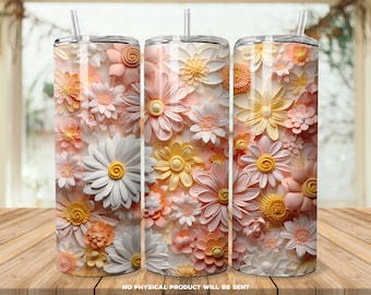 3D White Pink Flowers 20oz Skinny Tumbler Sublimation Design, Instant Digital Download PNG, Straight & Tapered Tumbler Wrap