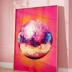 Trendy Wall Art | Pink Wall Art | Dorm Room Decor | Stylish Wall Art | Printable Wall Art | Funky Disco 70S Print | Disco Ball Wall Art